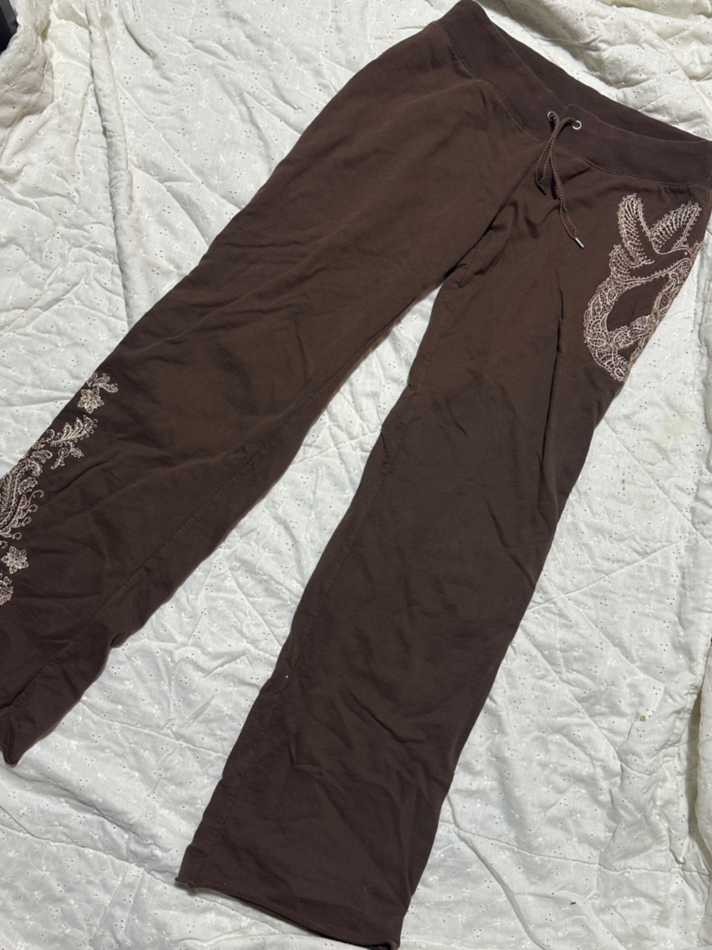 Lucky Brand Y2K Brown Drawstring Lounge Pants with Floral Stiching
